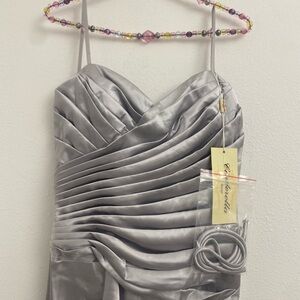 dress retro silver satin w-rhinestone lace up back/corset back, strapless, 2xl